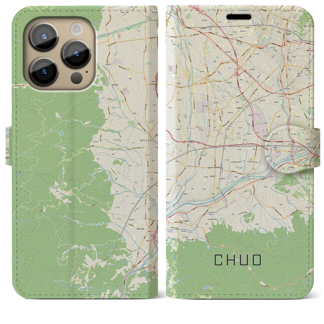 【中央(山梨県)】地図柄iPhoneケース(手帳タイプ)ナチュラル・iPhone 14 Pro Max 用