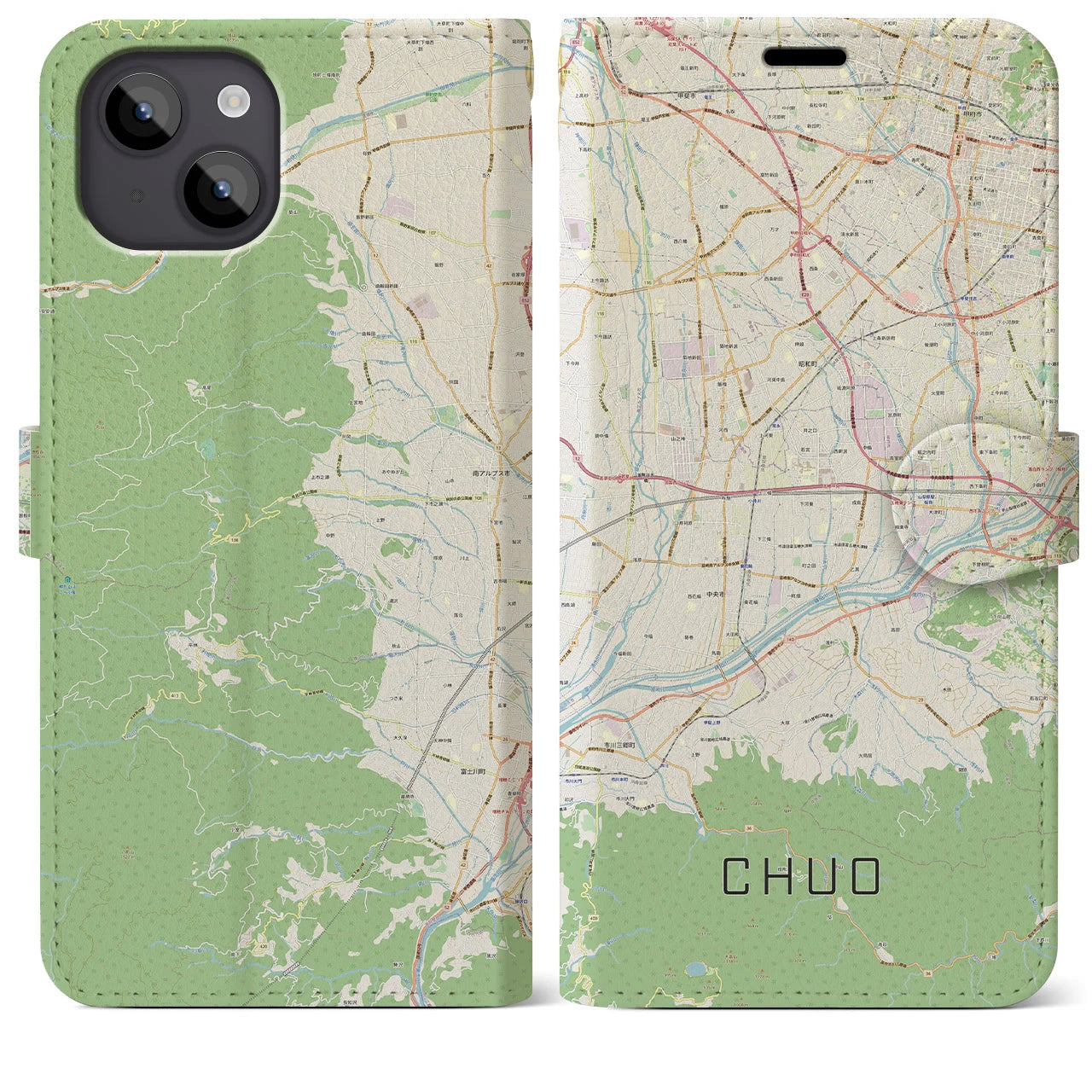 【中央(山梨県)】地図柄iPhoneケース(手帳タイプ)ナチュラル・iPhone 14 Plus 用