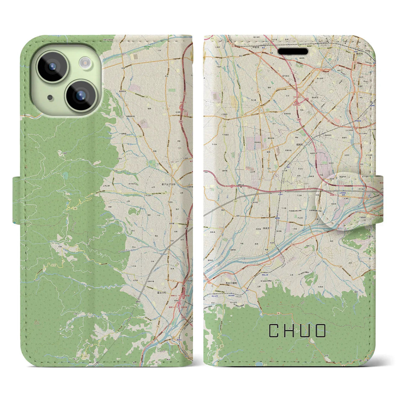 【中央(山梨県)】地図柄iPhoneケース(手帳タイプ)ナチュラル・iPhone 15 用