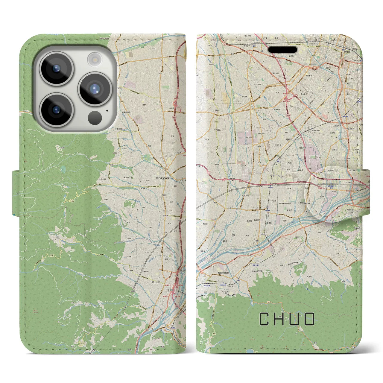 【中央(山梨県)】地図柄iPhoneケース(手帳タイプ)ナチュラル・iPhone 15 Pro 用