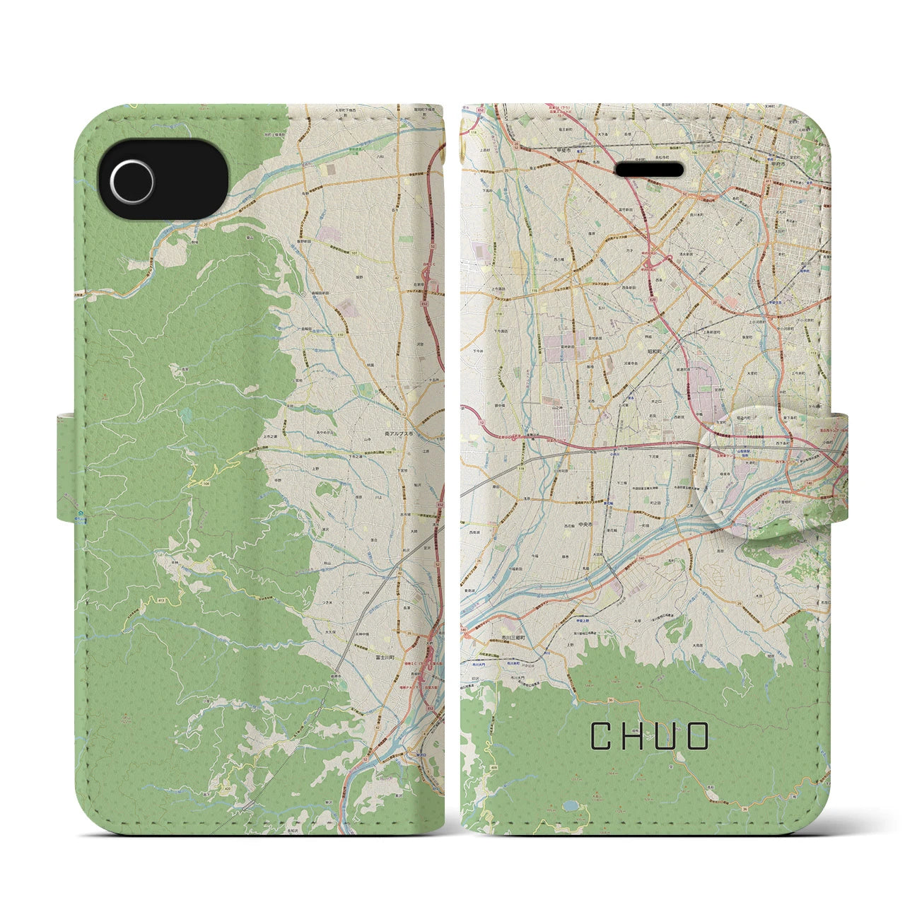 【中央(山梨県)】地図柄iPhoneケース(手帳タイプ)ナチュラル・iPhone SE(第3 / 第2世代) / 8 / 7 / 6s / 6 用