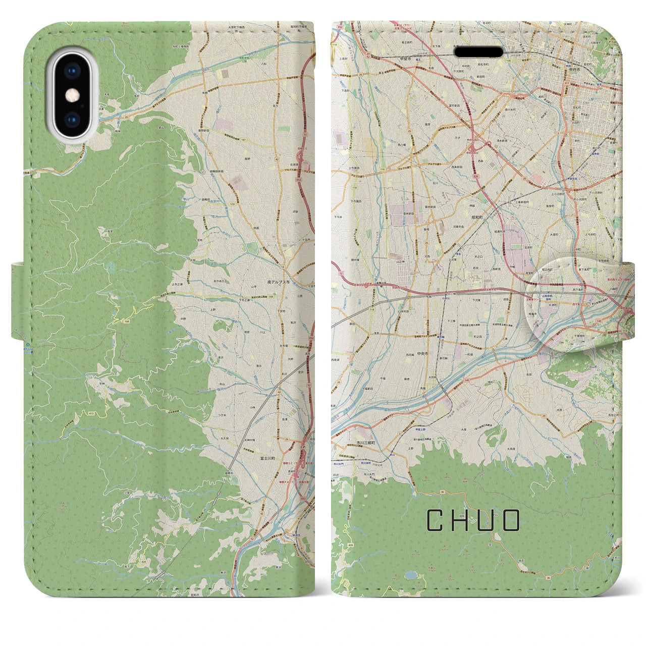 【中央(山梨県)】地図柄iPhoneケース(手帳タイプ)ナチュラル・iPhone XS Max 用