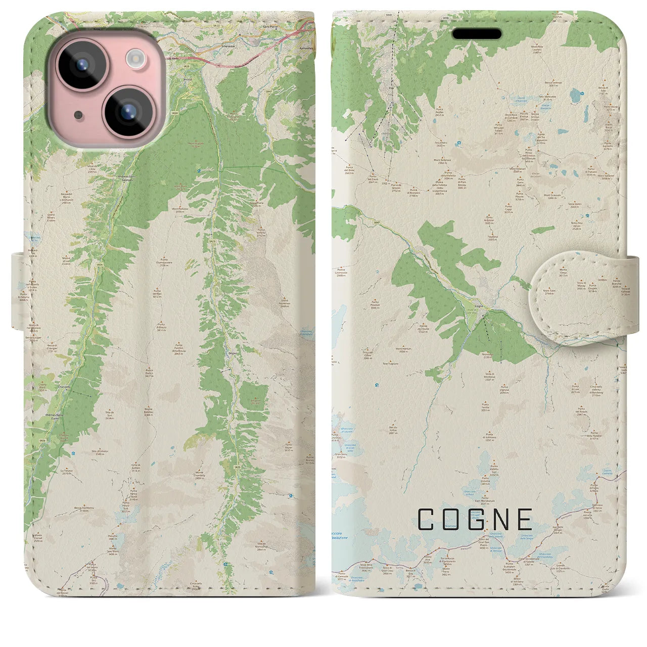【コーニュ(イタリア)】地図柄iPhoneケース(手帳タイプ)ナチュラル・iPhone 15 Plus 用