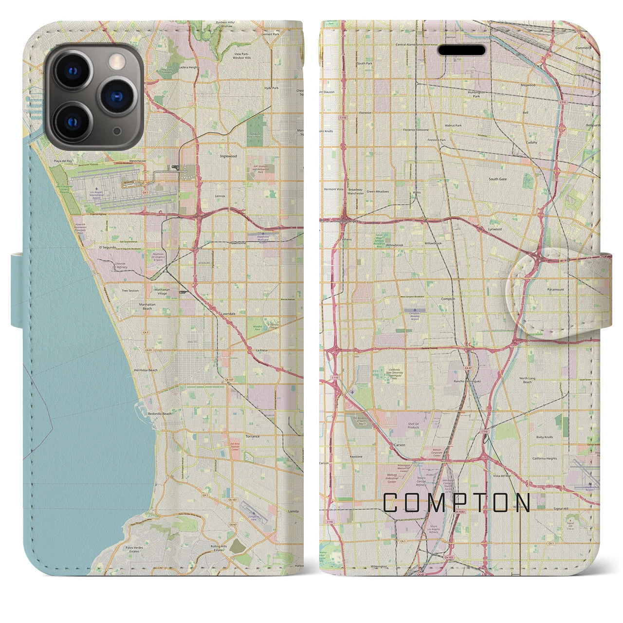 【コンプトン(アメリカ)】地図柄iPhoneケース(手帳タイプ)ナチュラル・iPhone 11 Pro Max 用
