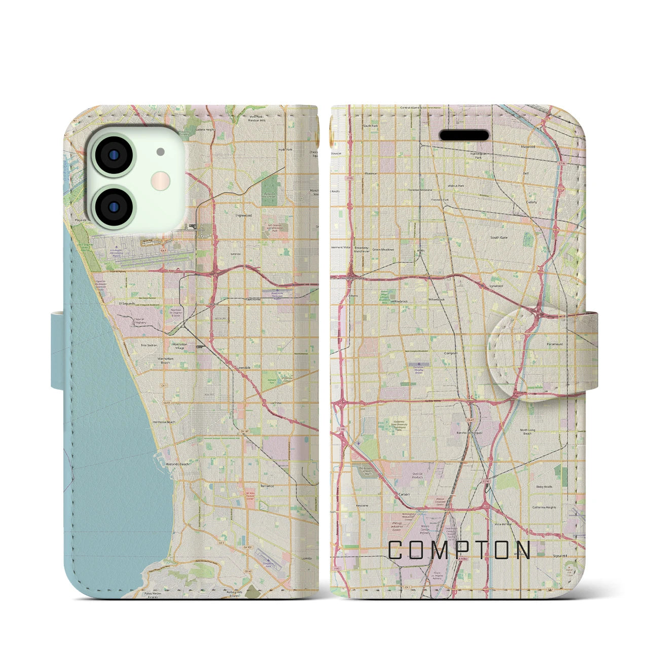 【コンプトン(アメリカ)】地図柄iPhoneケース(手帳タイプ)ナチュラル・iPhone 12 mini 用
