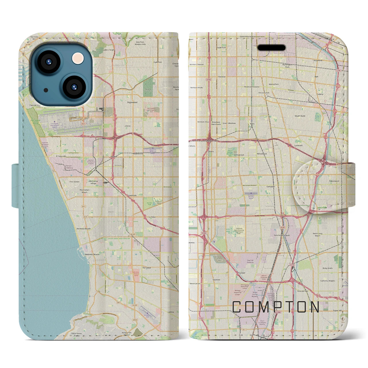 【コンプトン(アメリカ)】地図柄iPhoneケース(手帳タイプ)ナチュラル・iPhone 13 用