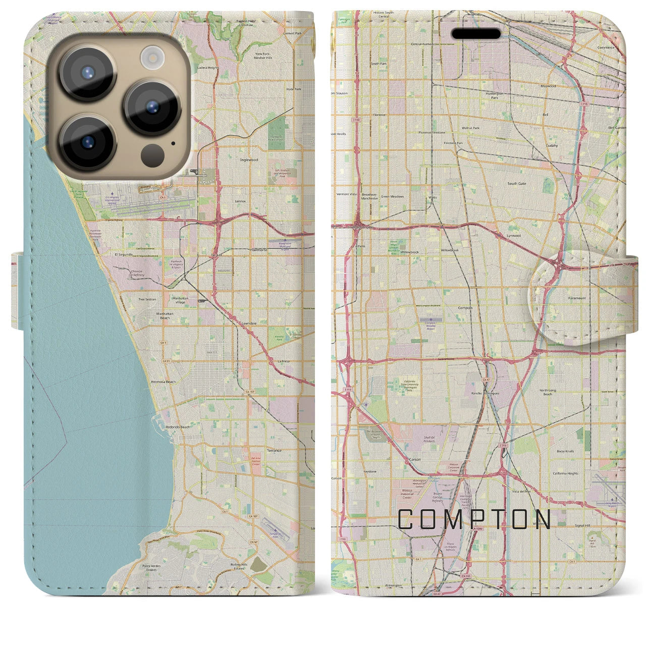 【コンプトン(アメリカ)】地図柄iPhoneケース(手帳タイプ)ナチュラル・iPhone 14 Pro Max 用