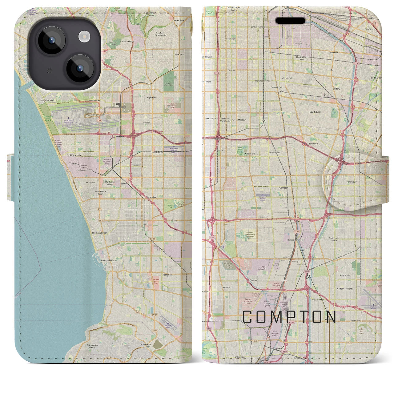 【コンプトン(アメリカ)】地図柄iPhoneケース(手帳タイプ)ナチュラル・iPhone 14 Plus 用