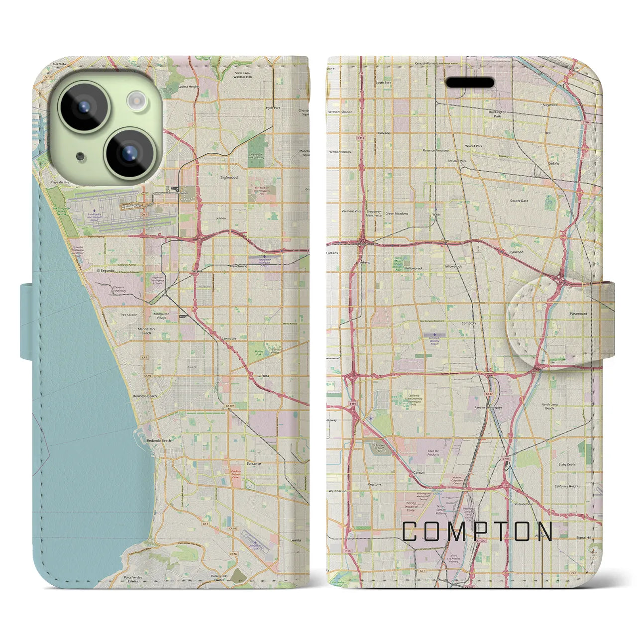 【コンプトン(アメリカ)】地図柄iPhoneケース(手帳タイプ)ナチュラル・iPhone 15 用