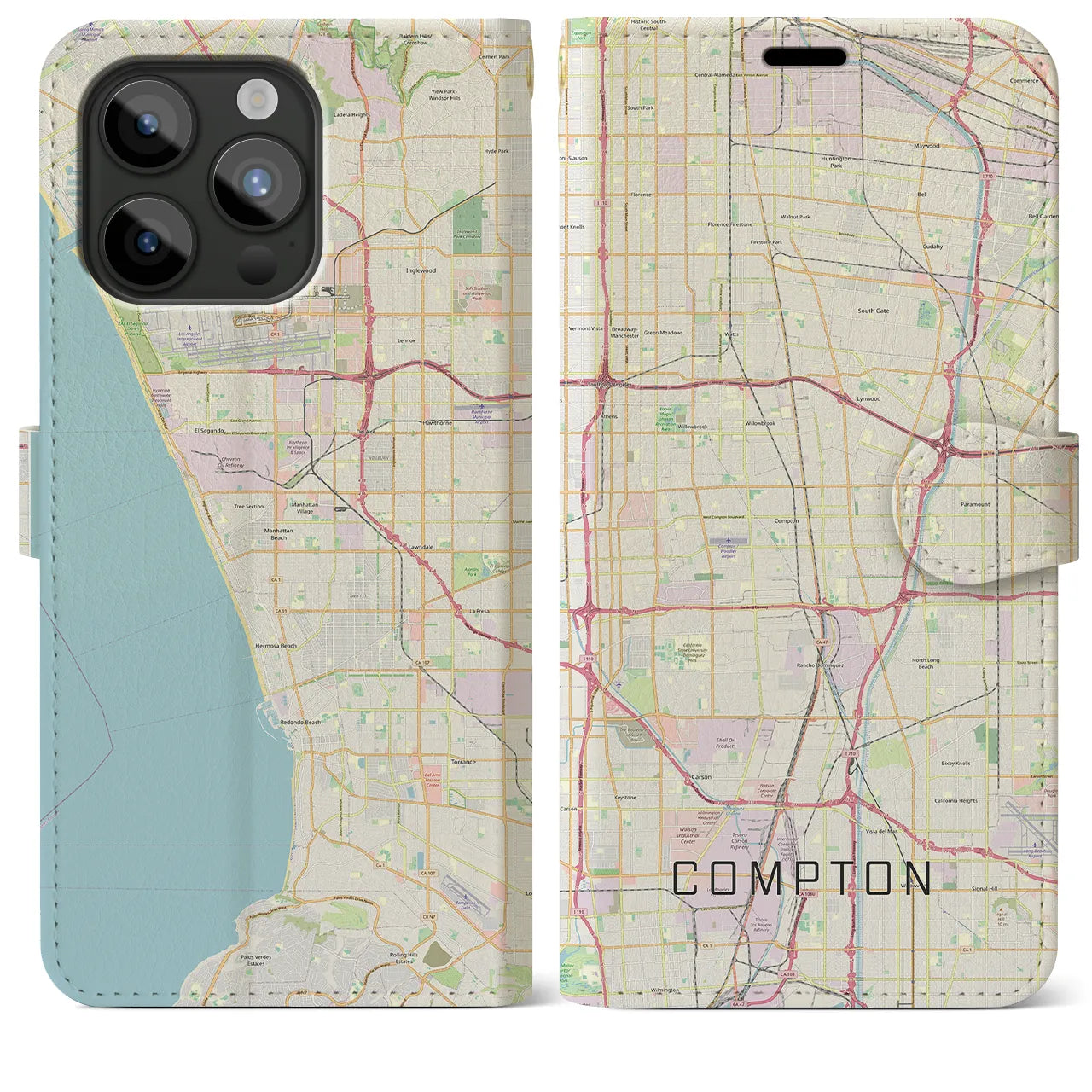 【コンプトン(アメリカ)】地図柄iPhoneケース(手帳タイプ)ナチュラル・iPhone 15 Pro Max 用