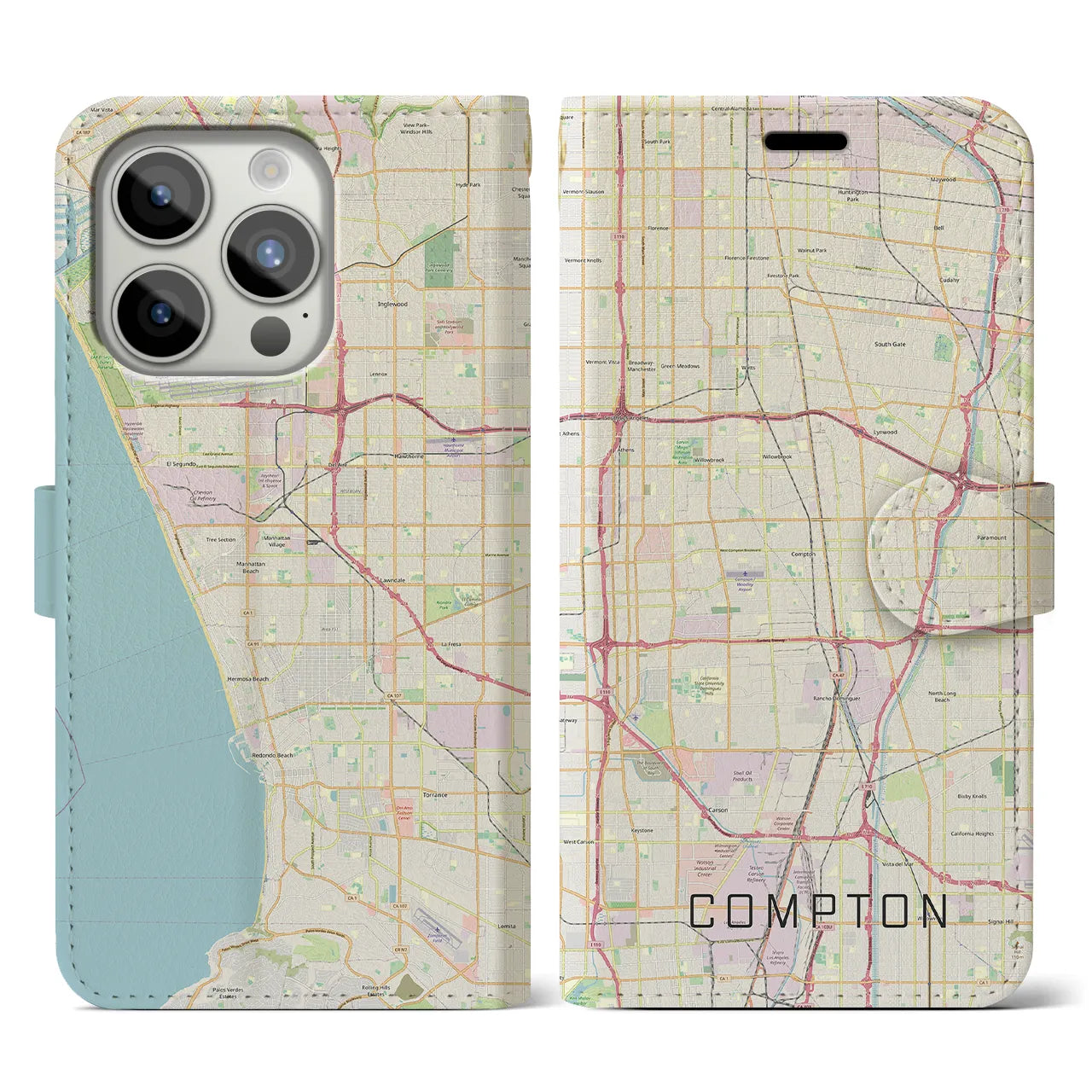 【コンプトン(アメリカ)】地図柄iPhoneケース(手帳タイプ)ナチュラル・iPhone 15 Pro 用