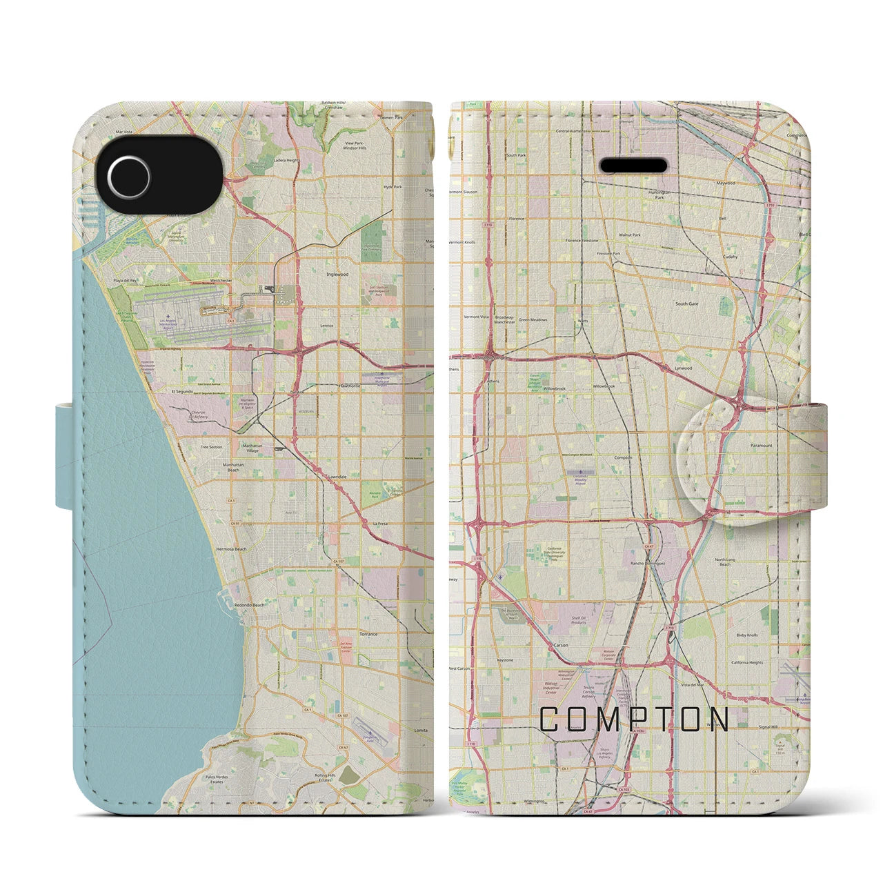 【コンプトン(アメリカ)】地図柄iPhoneケース(手帳タイプ)ナチュラル・iPhone SE(第3 / 第2世代) / 8 / 7 / 6s / 6 用