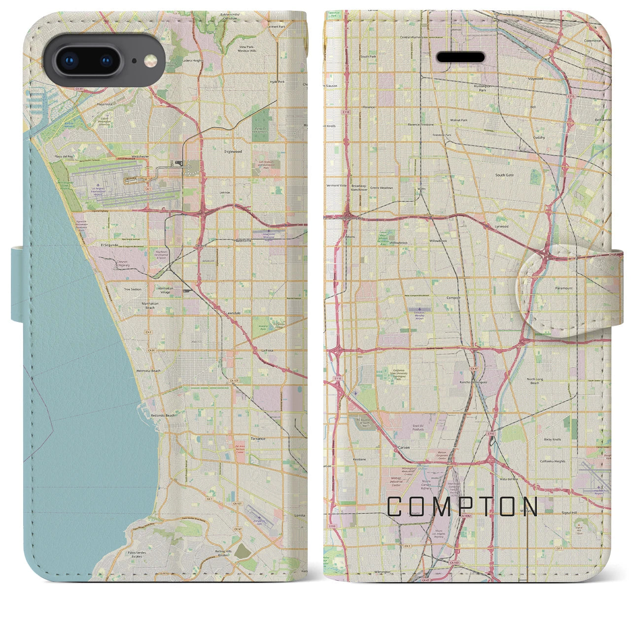 【コンプトン(アメリカ)】地図柄iPhoneケース(手帳タイプ)ナチュラル・iPhone 8Plus /7Plus / 6sPlus / 6Plus 用