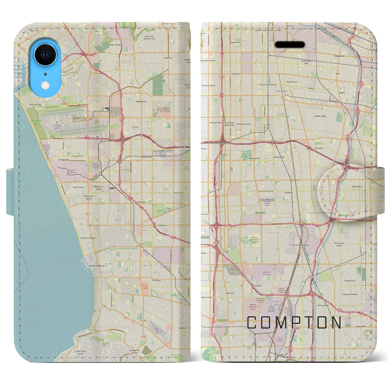 【コンプトン(アメリカ)】地図柄iPhoneケース(手帳タイプ)ナチュラル・iPhone XR 用