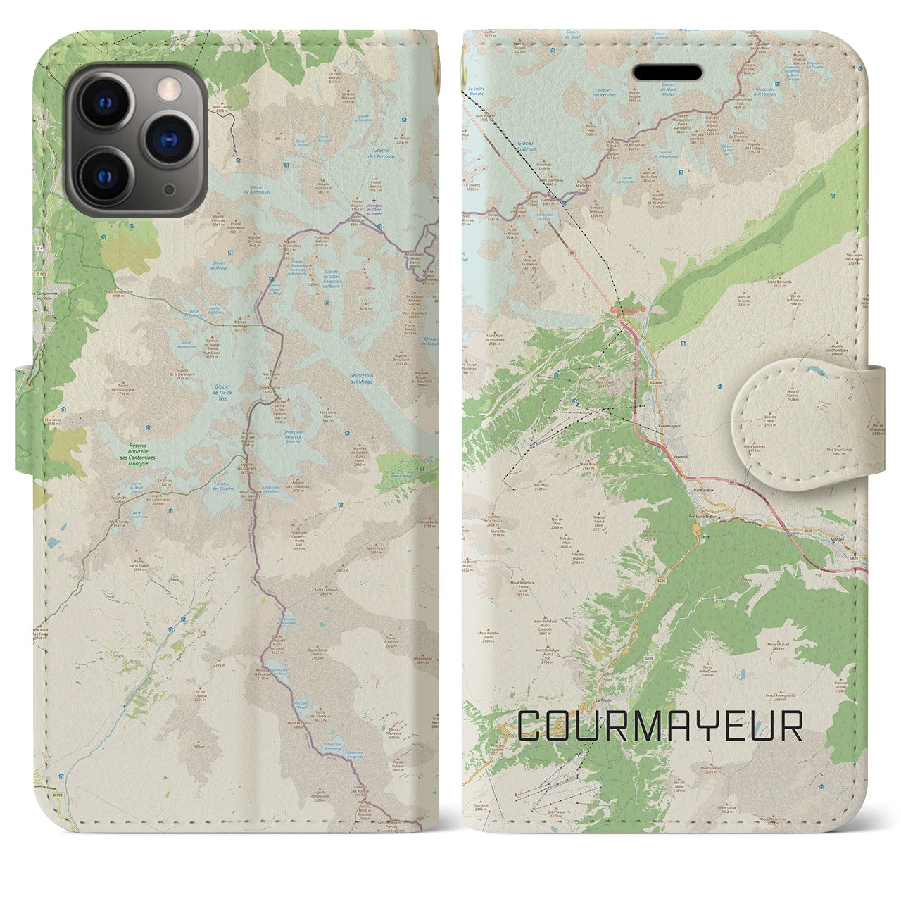 【クールマイユール(イタリア)】地図柄iPhoneケース(手帳タイプ)ナチュラル・iPhone 11 Pro Max 用