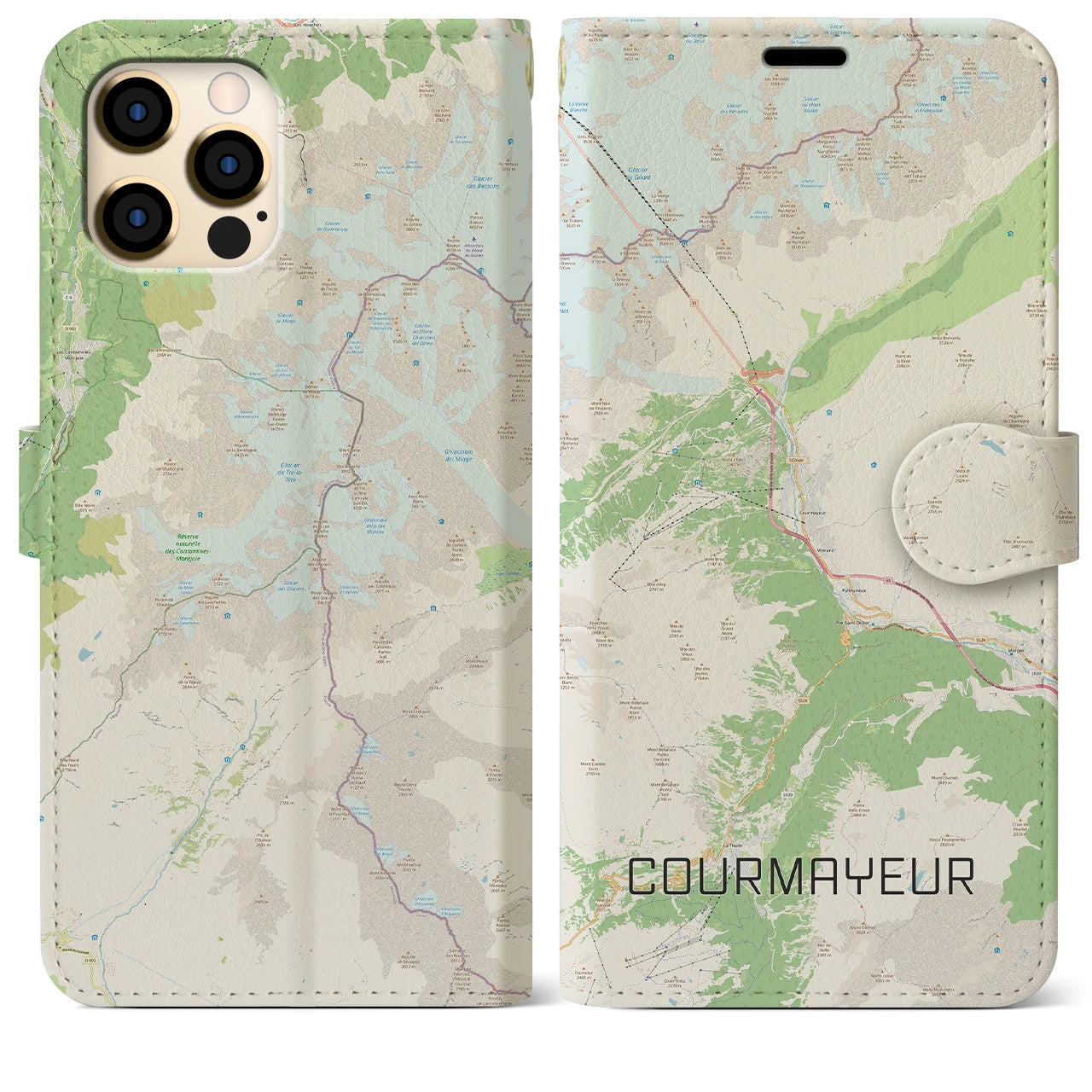 【クールマイユール(イタリア)】地図柄iPhoneケース(手帳タイプ)ナチュラル・iPhone 12 Pro Max 用