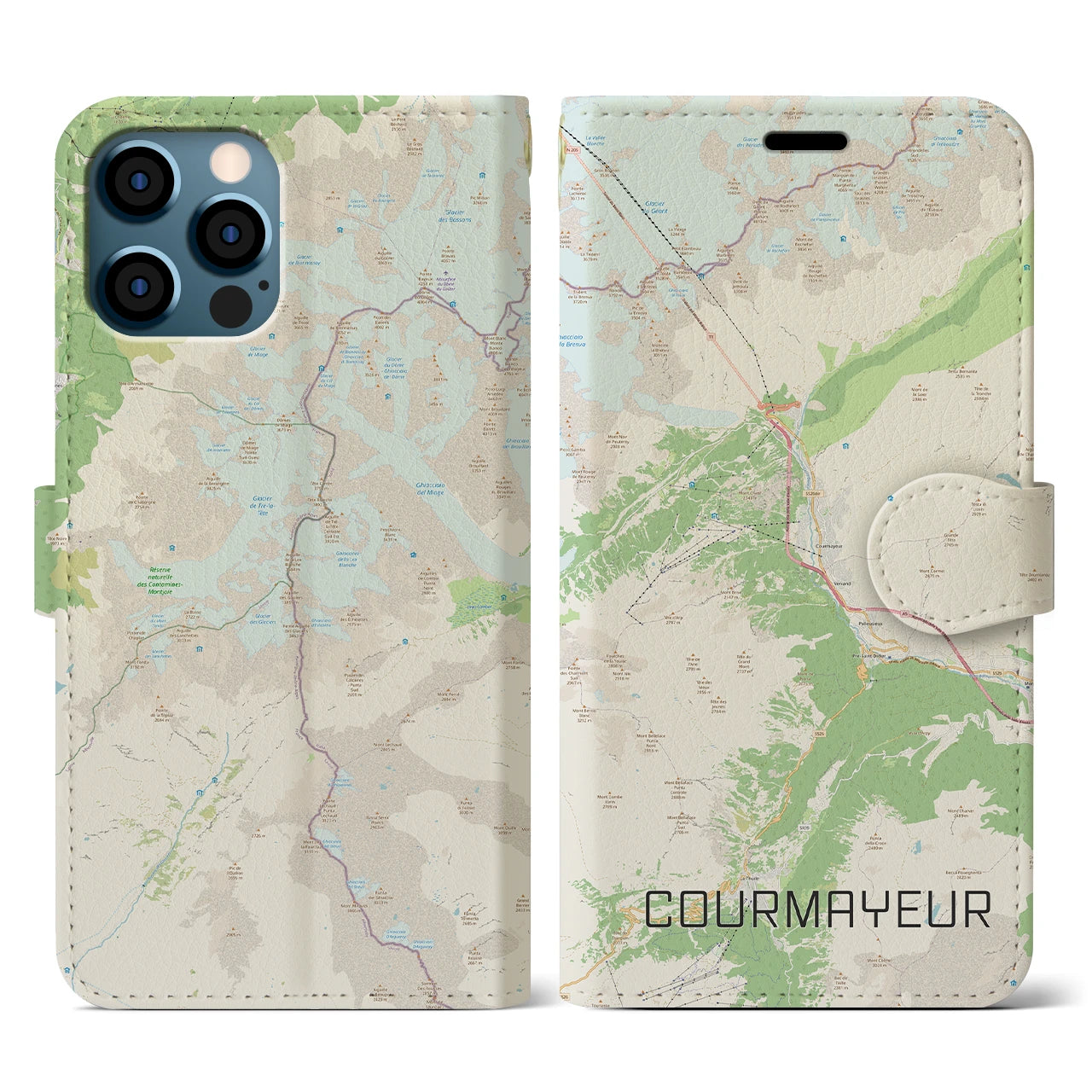 【クールマイユール(イタリア)】地図柄iPhoneケース(手帳タイプ)ナチュラル・iPhone 12 / 12 Pro 用