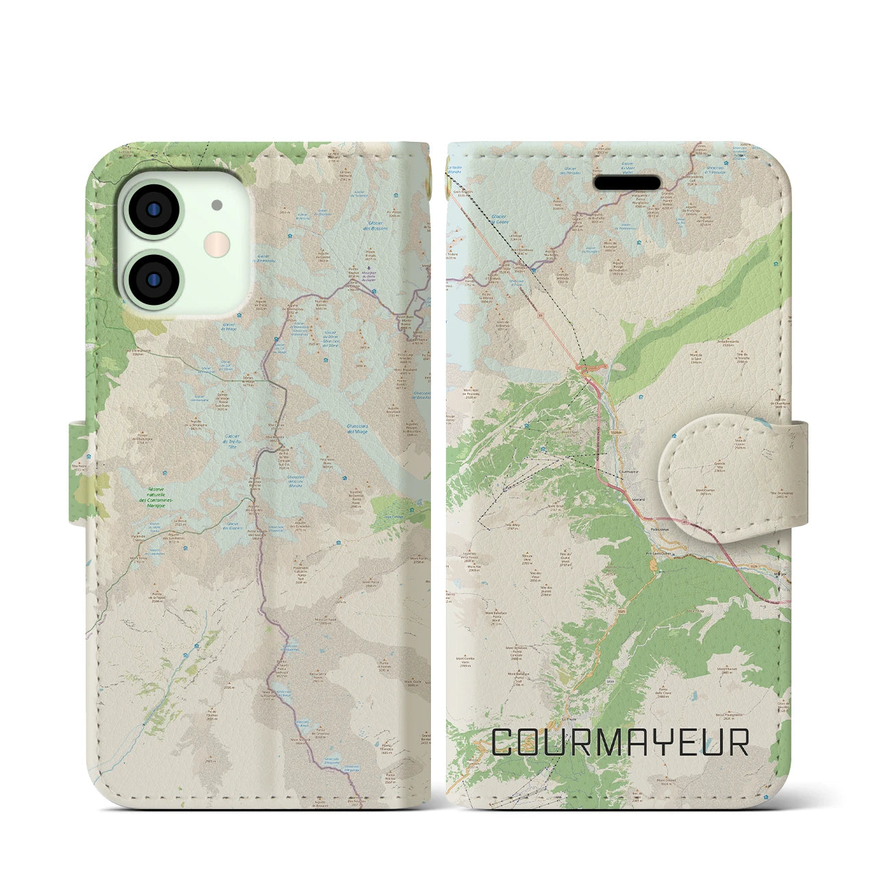 【クールマイユール(イタリア)】地図柄iPhoneケース(手帳タイプ)ナチュラル・iPhone 12 mini 用