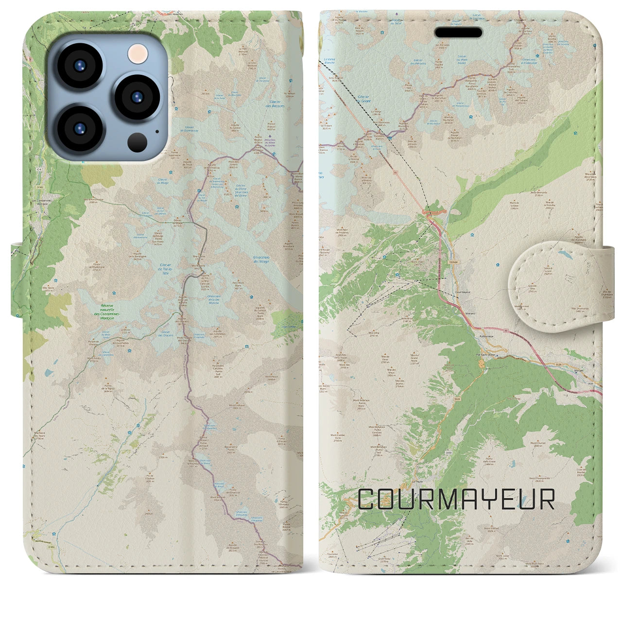 【クールマイユール(イタリア)】地図柄iPhoneケース(手帳タイプ)ナチュラル・iPhone 13 Pro Max 用