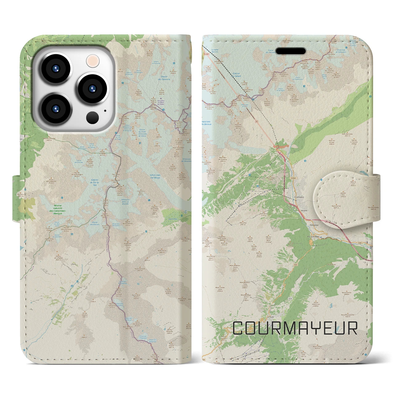【クールマイユール(イタリア)】地図柄iPhoneケース(手帳タイプ)ナチュラル・iPhone 13 Pro 用