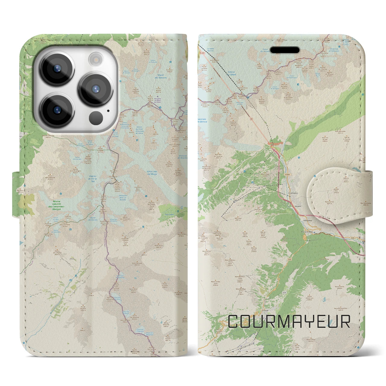【クールマイユール(イタリア)】地図柄iPhoneケース(手帳タイプ)ナチュラル・iPhone 14 Pro 用