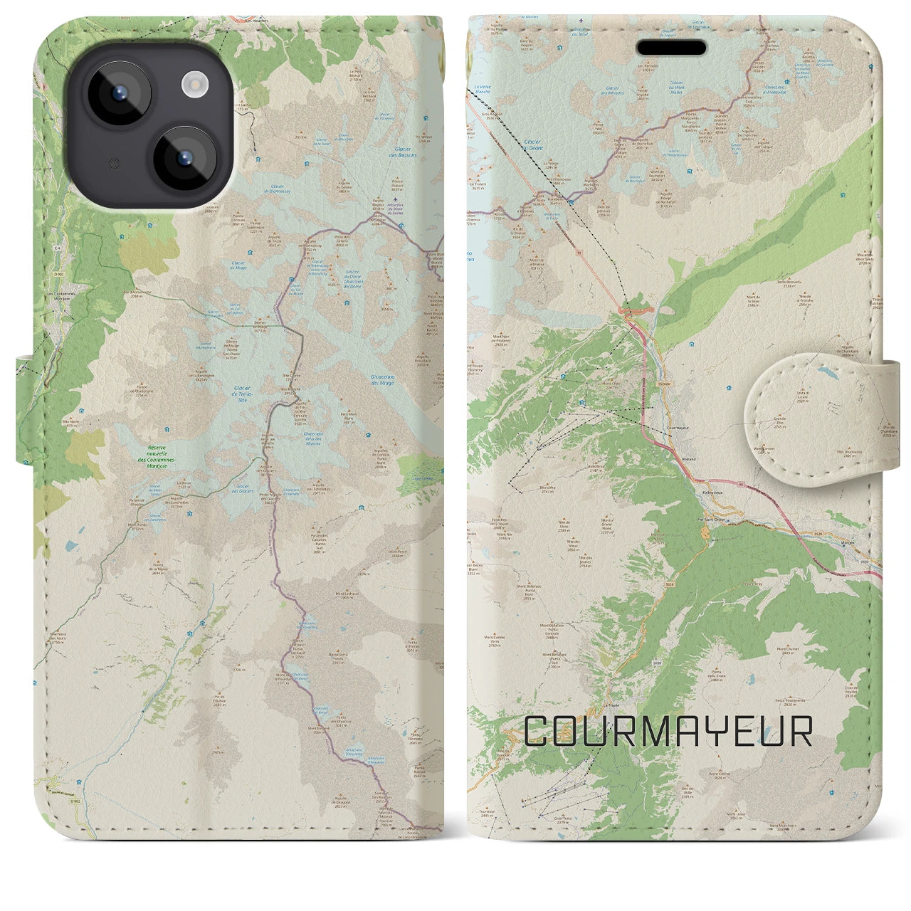 【クールマイユール(イタリア)】地図柄iPhoneケース(手帳タイプ)ナチュラル・iPhone 14 Plus 用