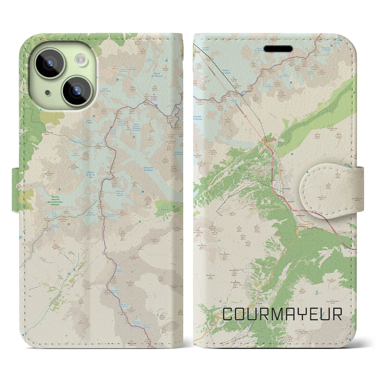【クールマイユール(イタリア)】地図柄iPhoneケース(手帳タイプ)ナチュラル・iPhone 15 用