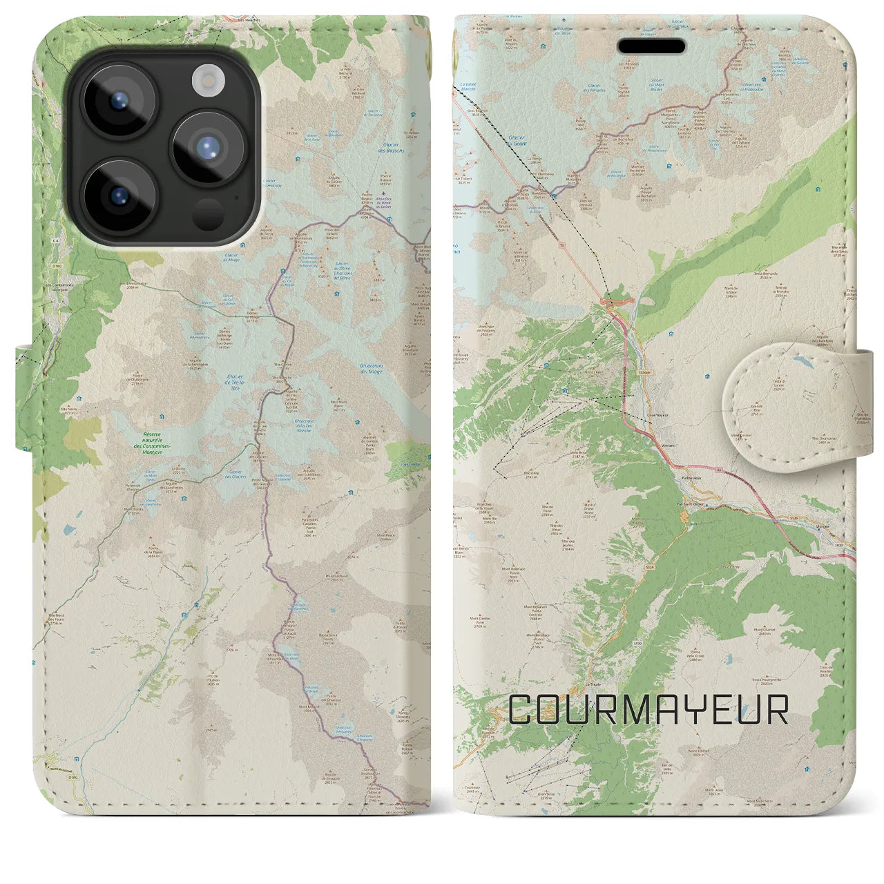 【クールマイユール(イタリア)】地図柄iPhoneケース(手帳タイプ)ナチュラル・iPhone 15 Pro Max 用