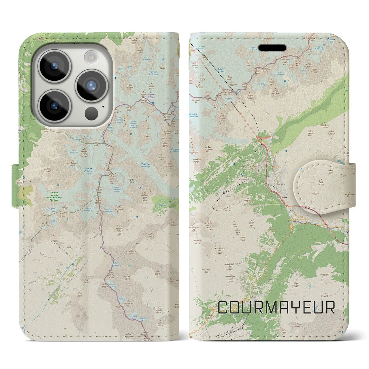 【クールマイユール(イタリア)】地図柄iPhoneケース(手帳タイプ)ナチュラル・iPhone 15 Pro 用