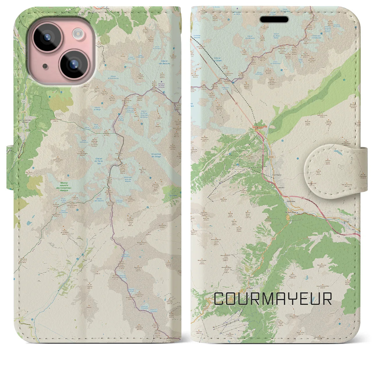 【クールマイユール(イタリア)】地図柄iPhoneケース(手帳タイプ)ナチュラル・iPhone 15 Plus 用