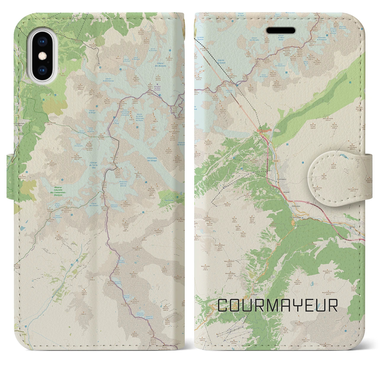 【クールマイユール(イタリア)】地図柄iPhoneケース(手帳タイプ)ナチュラル・iPhone XS Max 用
