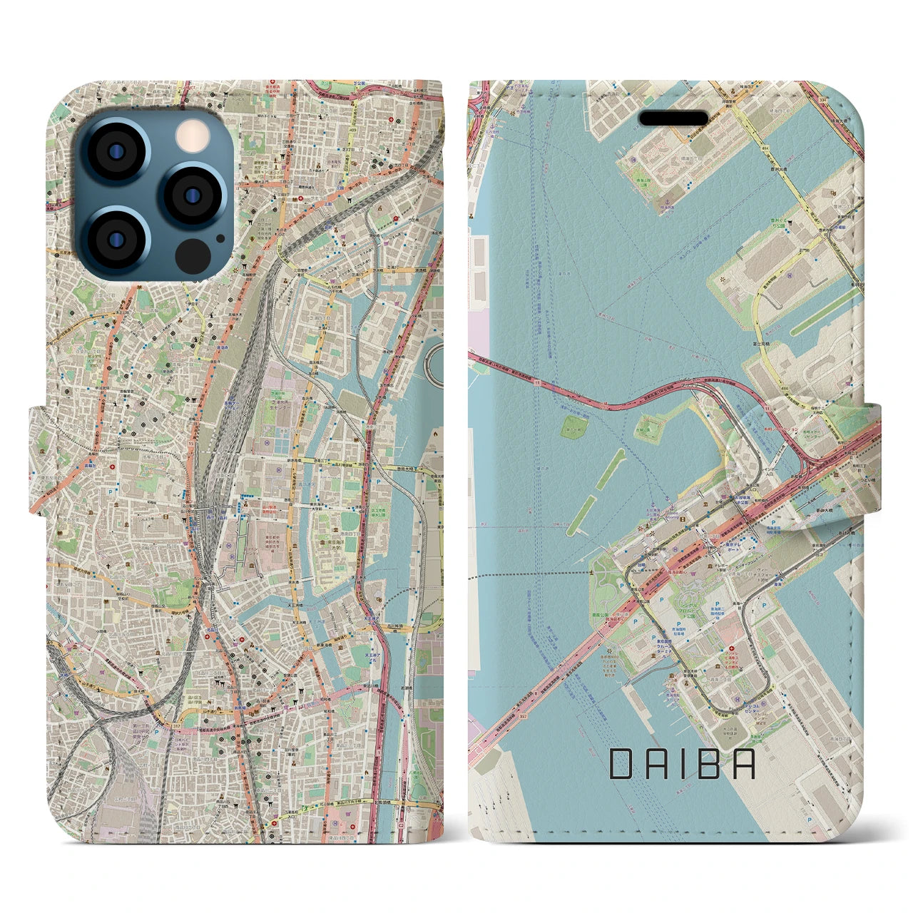 【台場(東京都)】地図柄iPhoneケース(手帳タイプ)ナチュラル・iPhone 12 / 12 Pro 用