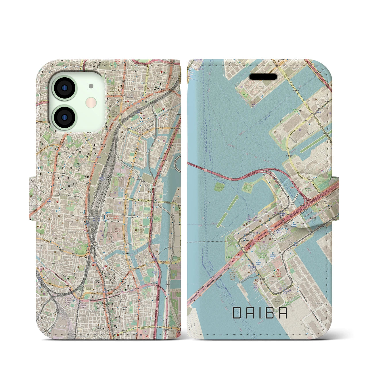 【台場(東京都)】地図柄iPhoneケース(手帳タイプ)ナチュラル・iPhone 12 mini 用