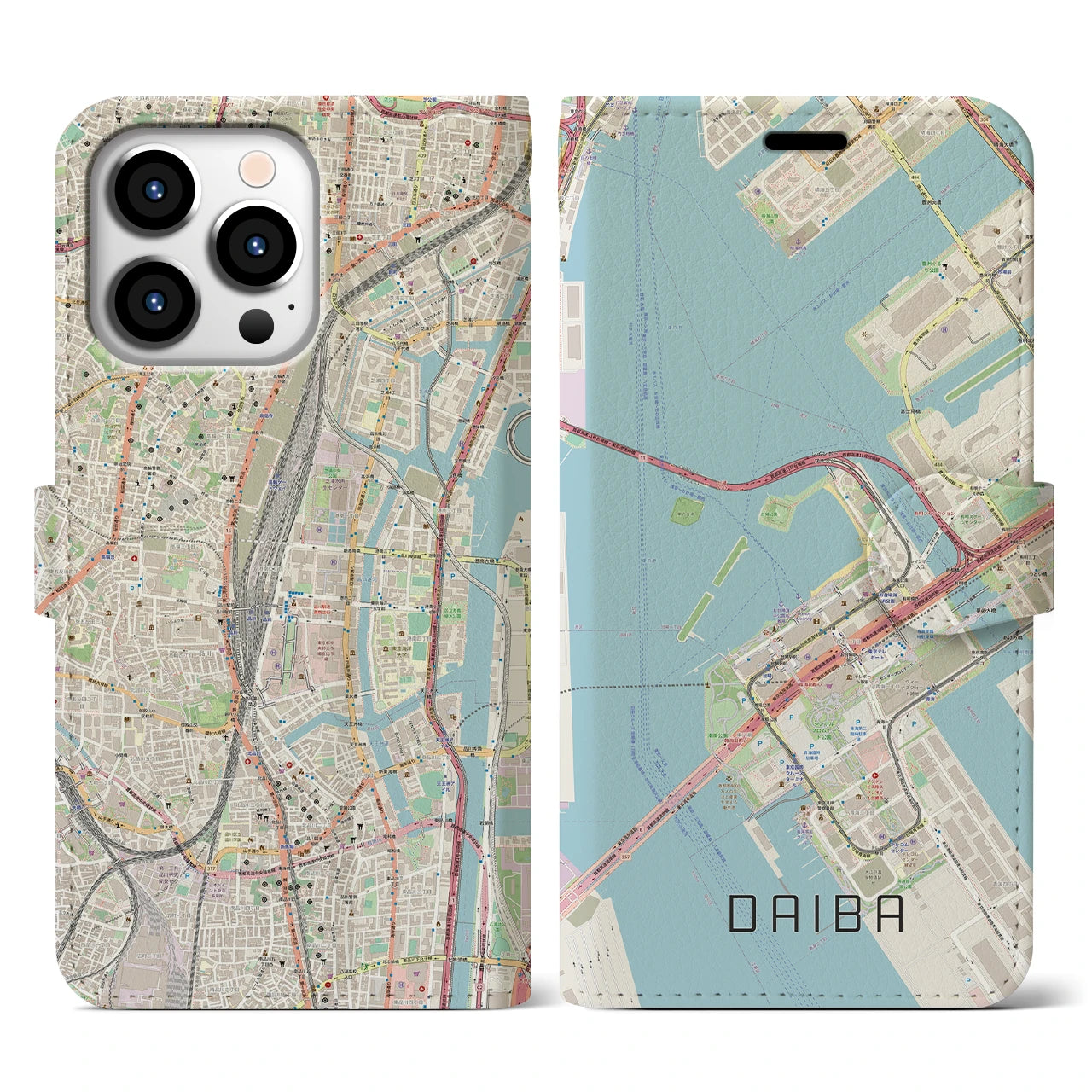 【台場(東京都)】地図柄iPhoneケース(手帳タイプ)ナチュラル・iPhone 13 Pro 用