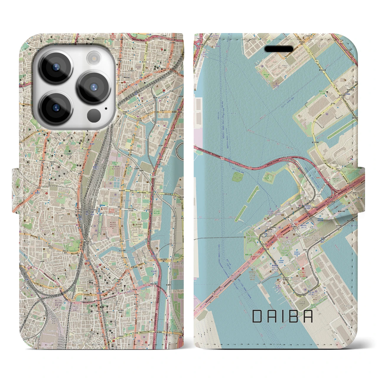 【台場(東京都)】地図柄iPhoneケース(手帳タイプ)ナチュラル・iPhone 14 Pro 用