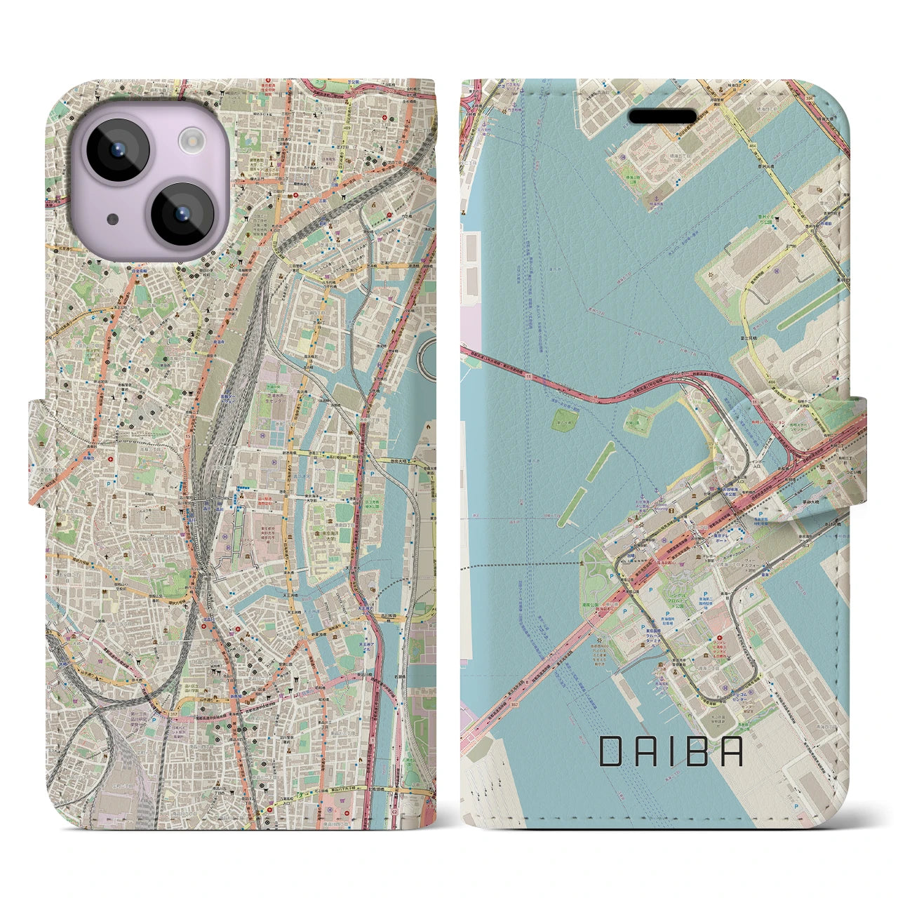 【台場(東京都)】地図柄iPhoneケース(手帳タイプ)ナチュラル・iPhone 14 用