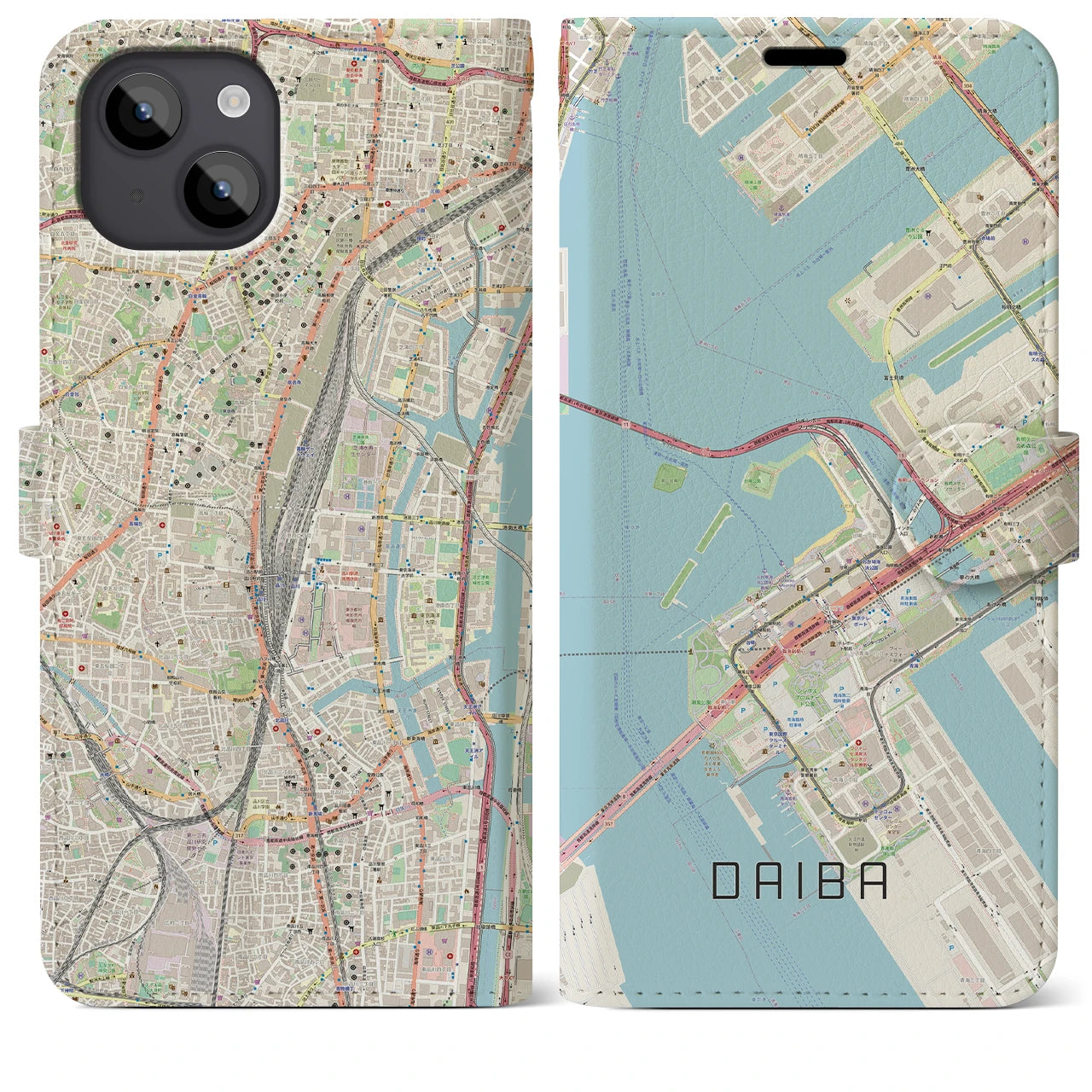 【台場(東京都)】地図柄iPhoneケース(手帳タイプ)ナチュラル・iPhone 14 Plus 用