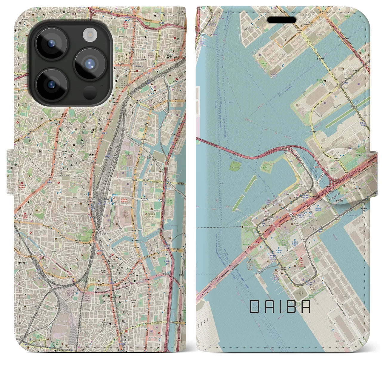 【台場(東京都)】地図柄iPhoneケース(手帳タイプ)ナチュラル・iPhone 15 Pro Max 用