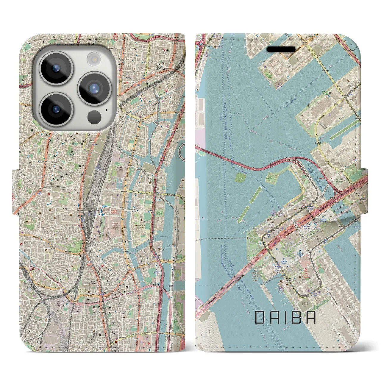 【台場(東京都)】地図柄iPhoneケース(手帳タイプ)ナチュラル・iPhone 15 Pro 用