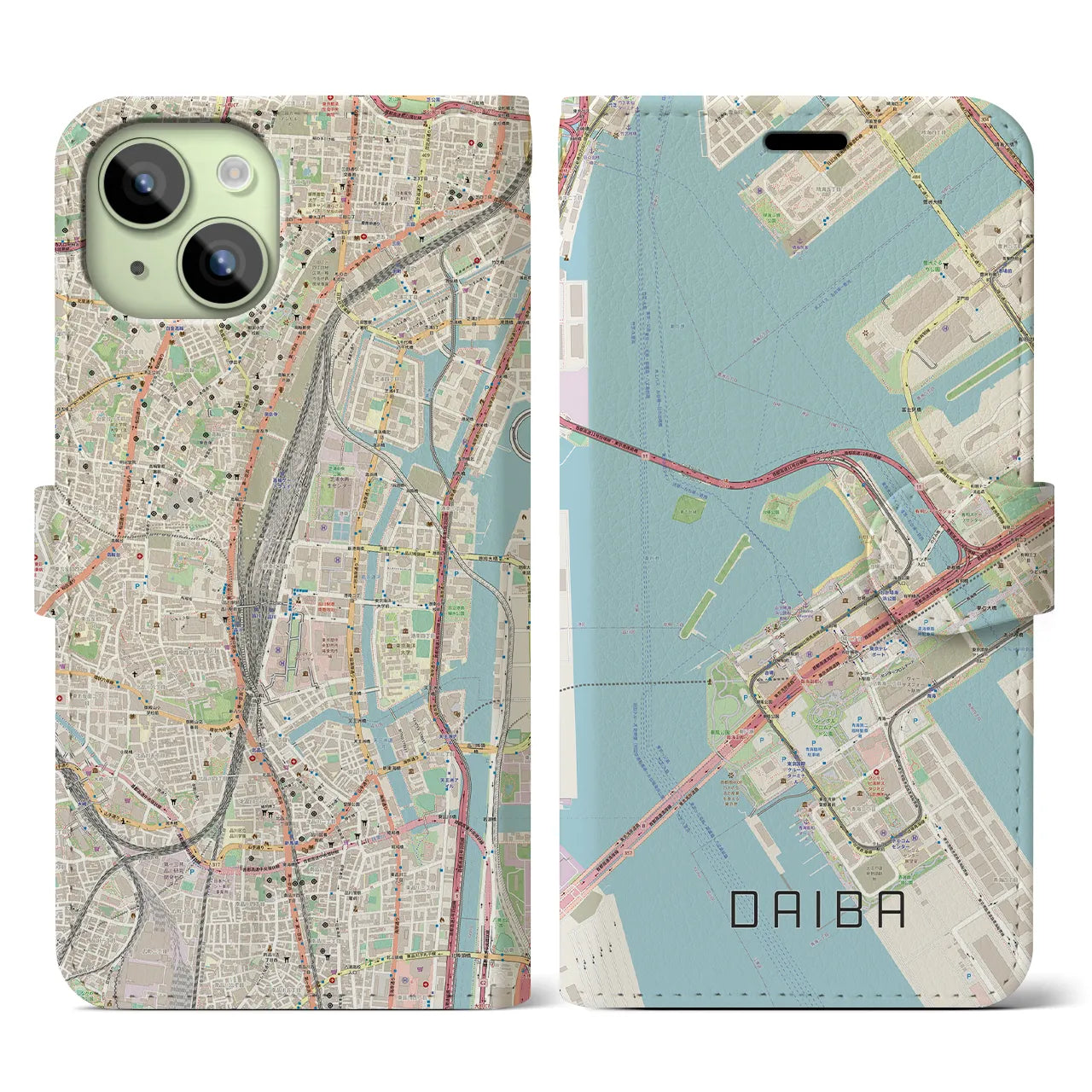 【台場(東京都)】地図柄iPhoneケース(手帳タイプ)ナチュラル・iPhone 15 用