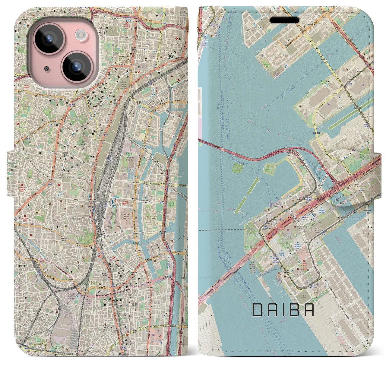 【台場(東京都)】地図柄iPhoneケース(手帳タイプ)ナチュラル・iPhone 15 Plus 用