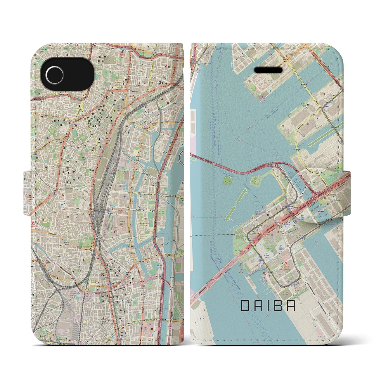 【台場(東京都)】地図柄iPhoneケース(手帳タイプ)ナチュラル・iPhone SE(第3 / 第2世代) / 8 / 7 / 6s / 6 用