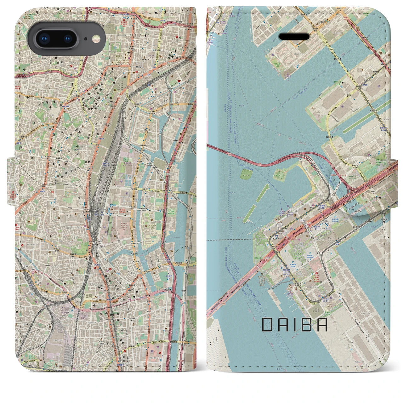 【台場(東京都)】地図柄iPhoneケース(手帳タイプ)ナチュラル・iPhone 8Plus /7Plus / 6sPlus / 6Plus 用