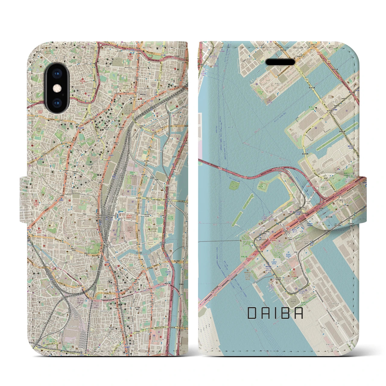 【台場(東京都)】地図柄iPhoneケース(手帳タイプ)ナチュラル・iPhone XS / X 用