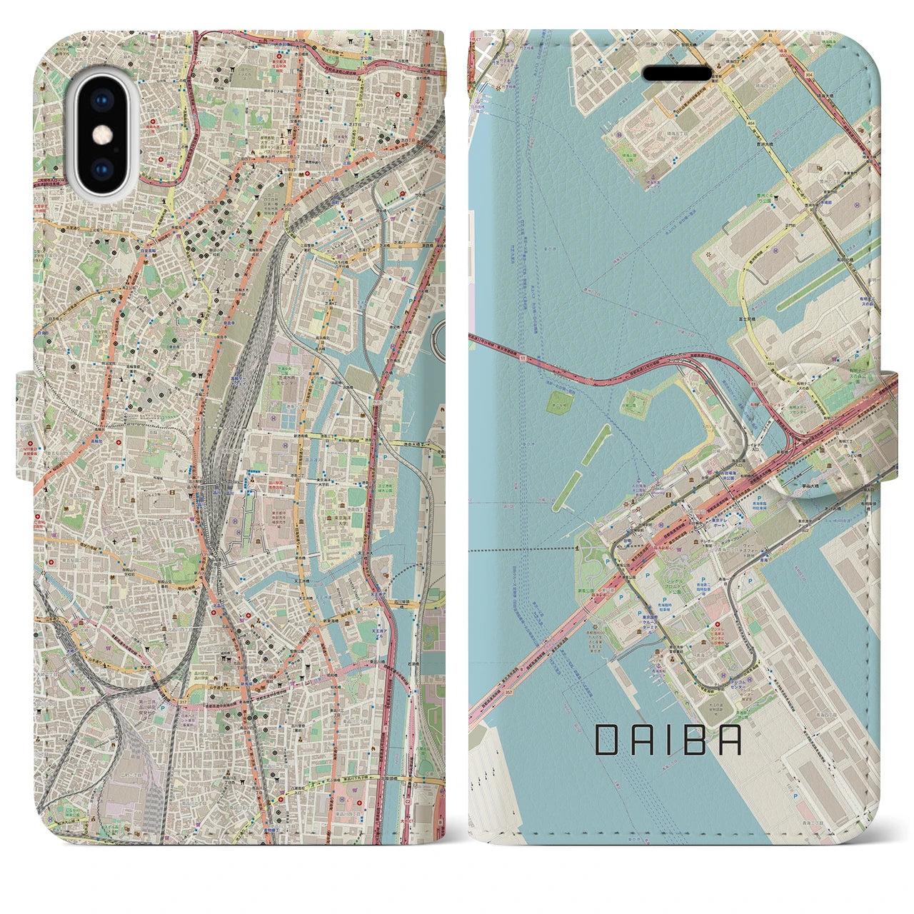 【台場(東京都)】地図柄iPhoneケース(手帳タイプ)ナチュラル・iPhone XS Max 用