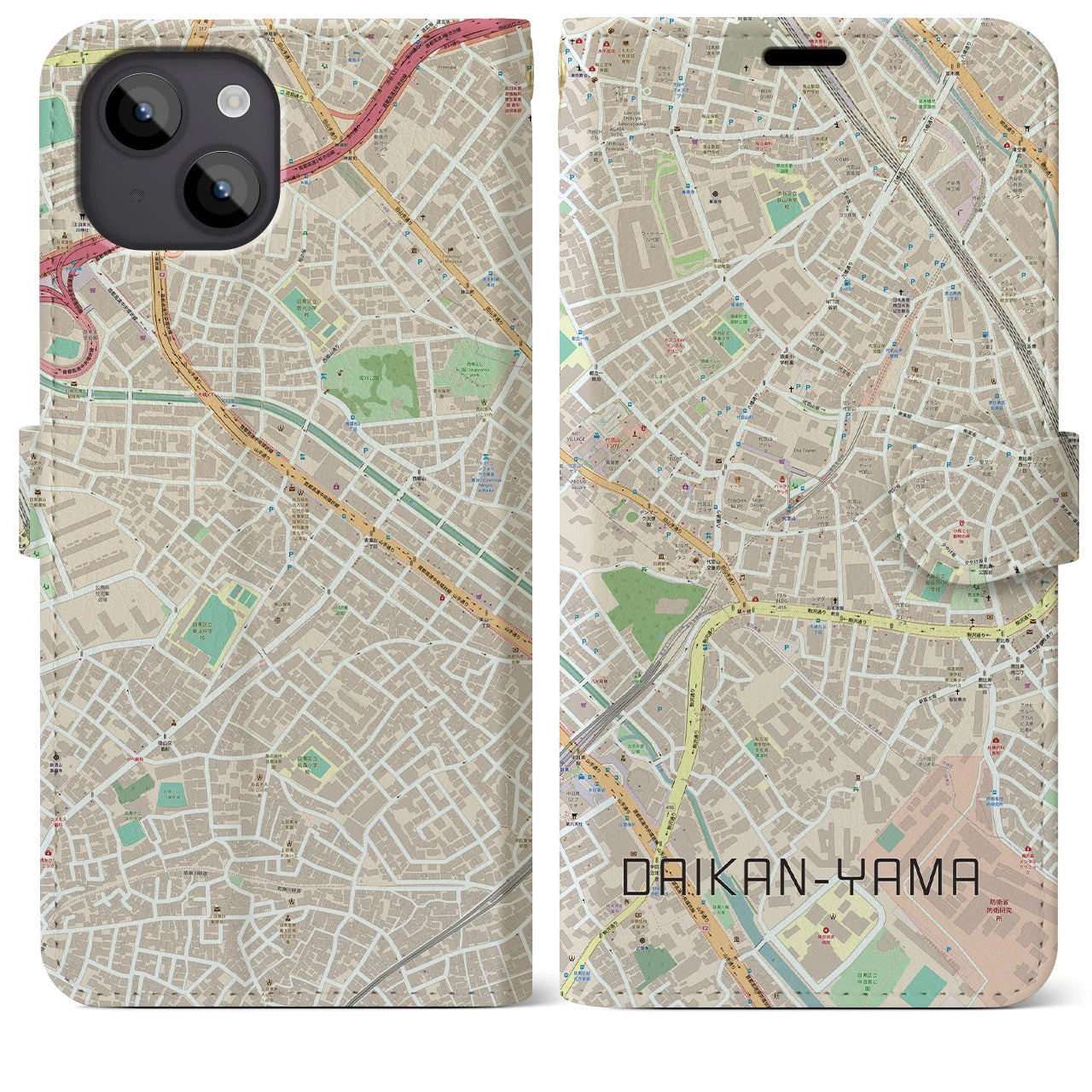 【代官山(東京都)】地図柄iPhoneケース(手帳タイプ)ナチュラル・iPhone 14 Plus 用
