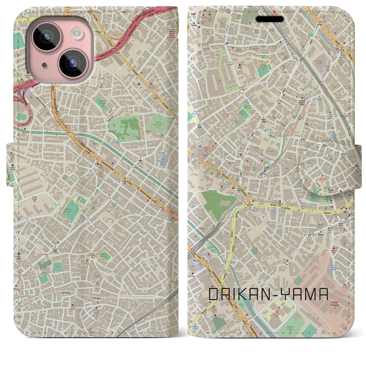 【代官山(東京都)】地図柄iPhoneケース(手帳タイプ)ナチュラル・iPhone 15 Plus 用