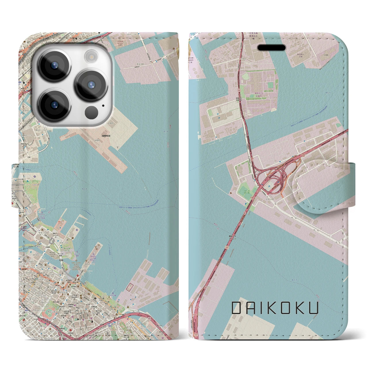 【大黒(神奈川県)】地図柄iPhoneケース(手帳タイプ)ナチュラル・iPhone 14 Pro 用