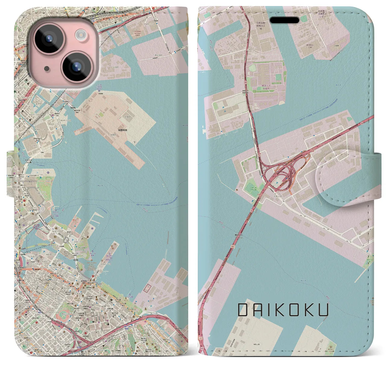 【大黒(神奈川県)】地図柄iPhoneケース(手帳タイプ)ナチュラル・iPhone 15 Plus 用