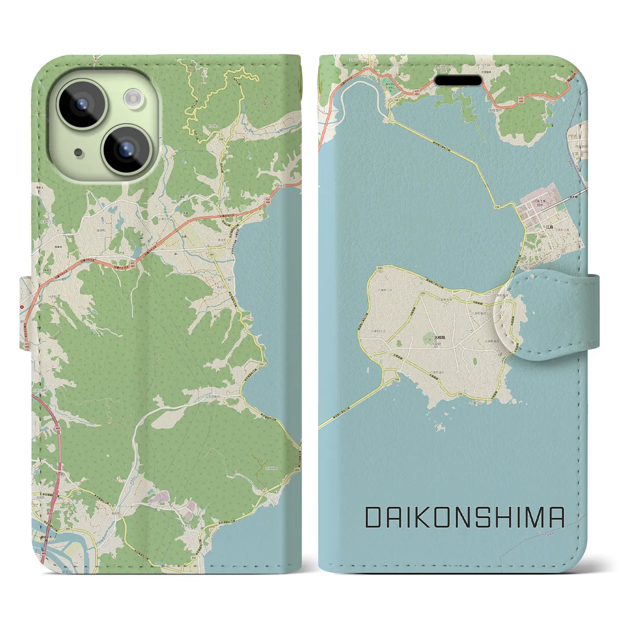 【大根島(島根県)】地図柄iPhoneケース(手帳タイプ)ナチュラル・iPhone 15 用
